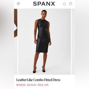 Leather-like combo fitted dress. Luxe black